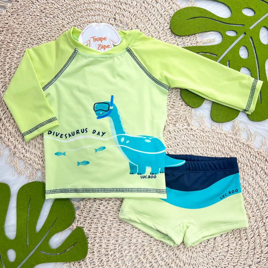 Linha Praia Blusa M/L e Sunga Divesaurus Day - Verde Cítrico